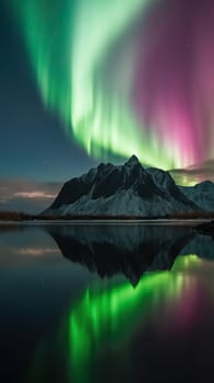 Beautiful Northern Lights above mountain and river. Generative AI.