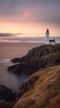 Image of light house on the hill by the beautiful sea. Generative AI.