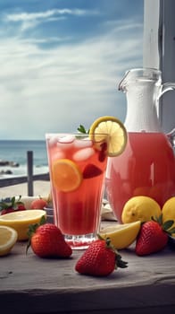 Summer iced cold drink with strawberry and lemon. Generative AI.