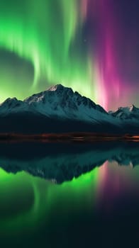 Beautiful Northern Lights above mountain and river. Generative AI.