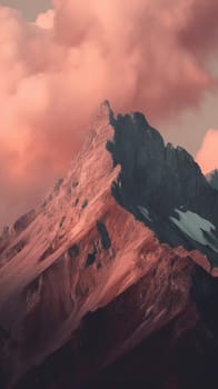 Beautiful top of mountain surrounded by clouds. Generative AI.