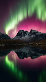 Beautiful Northern Lights above mountain and river. Generative AI.