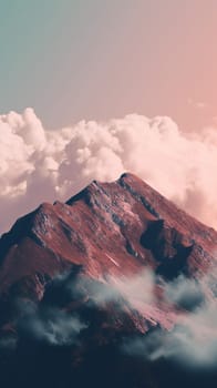 Beautiful top of mountain surrounded by clouds. Generative AI.