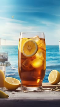 Homemade Iced tea with lemon slices, summer drinks. Generative AI.