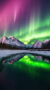 Beautiful Northern Lights above mountain and river. Generative AI.