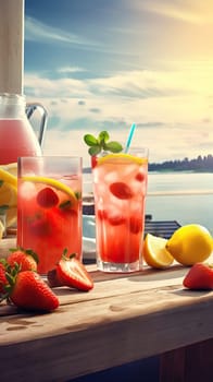 Summer iced cold drink with strawberry and lemon. Generative AI.