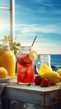 Summer iced cold drink with strawberry and lemon. Generative AI.