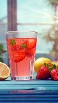 Summer iced cold drink with strawberry and lemon. Generative AI.