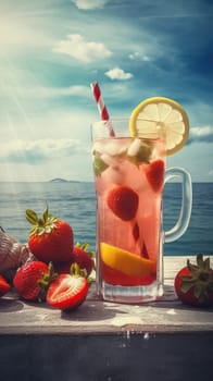 Summer iced cold drink with strawberry and lemon. Generative AI.