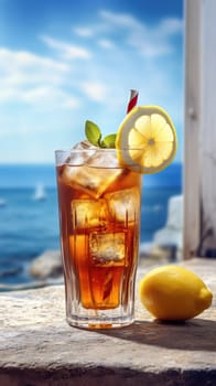 Homemade Iced tea with lemon slices, summer drinks. Generative AI.