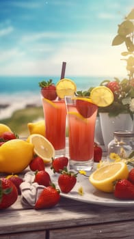 Summer iced cold drink with strawberry and lemon. Generative AI.