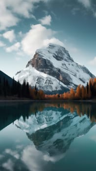 Beautiful mountain reflection on the water. Generative AI.