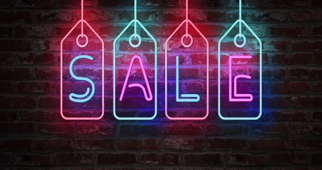 Sale neon light sign on brick wall. Sale banner blinking neon sign style for promo image. Concept of sale and clearance concept.