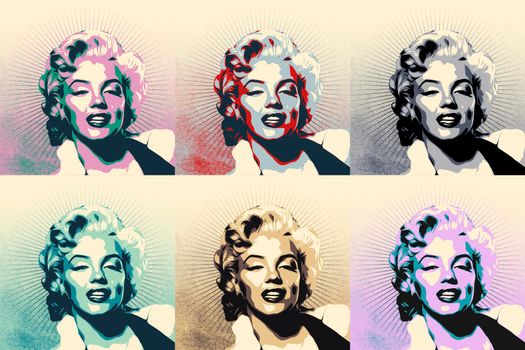 Trieste, Italy - July 16: Digital portrait of a multiple of Marylin Monroe finished with stencil or silkscreen printing technique on July 16, 2021