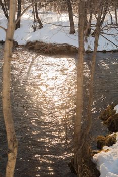 Winter landscape of a river with snow-covered banks and sun glare on the water. Dry yellow grass hangs over the water and long shadows of trees at sunset.