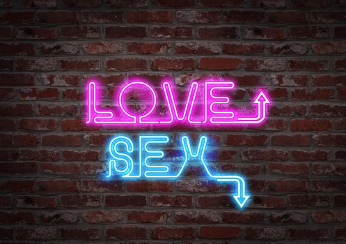 The phrase Love or sex written by a light neon on a brick wall