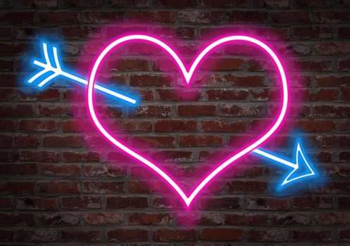 The Hearth pierced by an arrow. Shape light neon on a brick wall