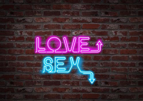 The phrase Love or sex written by a light neon on a brick wall