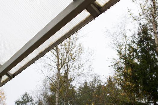 Raindrops from the roof on the background of the forest