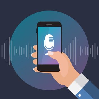 Hand with mobile phone with microphone button and intelligent technologies in flat style. Personal assistant and voice recognition concept. Vector Illustration EPS10