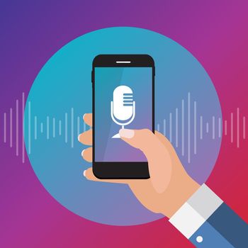 Hand with mobile phone with microphone button and intelligent technologies in flat style. Personal assistant and voice recognition concept. Vector Illustration EPS10