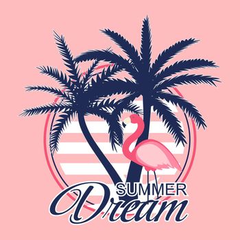 Beautiful Palm Tree and Flamingo Icon Silhouette Background Vector Illustration. EPS10
