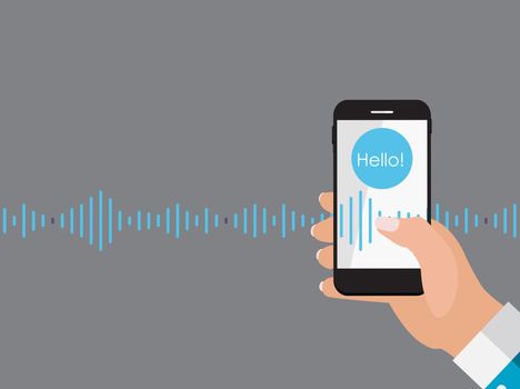 Hand with mobile phone with microphone button and intelligent technologies in flat style. Personal assistant and voice recognition concept. Vector Illustration EPS10