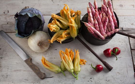 Fresh courgette flowers, beans, chili peppers and onion on white table