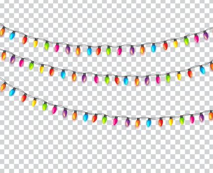 Multicolored Garland Lamp Bulbs Festive Isolated on Transparent Background Vector Illustration EPS10