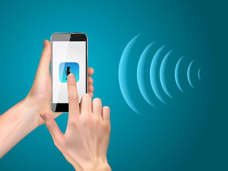 Hand with mobile phone with microphone button and intelligent technologies in flat style. Personal assistant and voice recognition concept. Vector Illustration EPS10