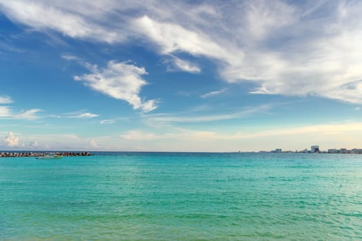 Sea shore on the Caribbean beach in the Zona Hoteleria in Cancun Quintana Roo Mexico.