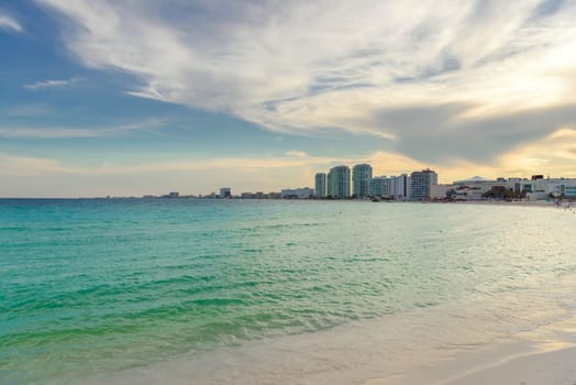 Sea shore on the Caribbean beach in the Zona Hoteleria in Cancun Quintana Roo Mexico.