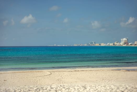 Sea shore on the Caribbean beach in the Zona Hoteleria in Cancun Quintana Roo Mexico.