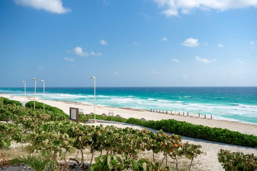 Sea shore on the Caribbean beach in the Zona Hoteleria in Cancun Quintana Roo Mexico.