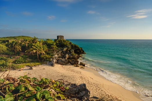 Sea shore on the Caribbean beach in the Zona Hoteleria in Cancun Quintana Roo Mexico.