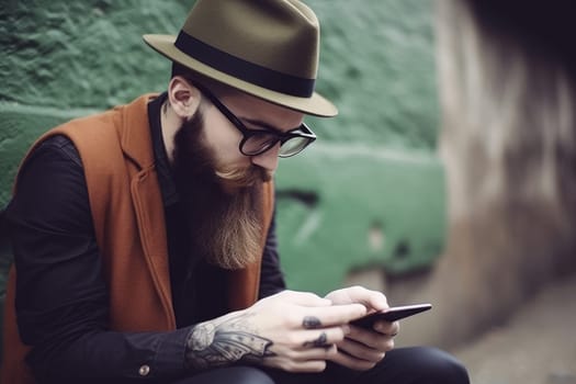 hipster with long beard glasses and hat using his smartphone in the city, Ai generative,