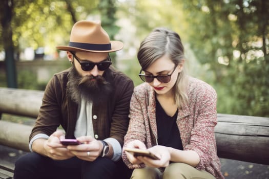 Young hipster couple sitting on a bench interacting with social networks with their smartphone.Ai Generative,