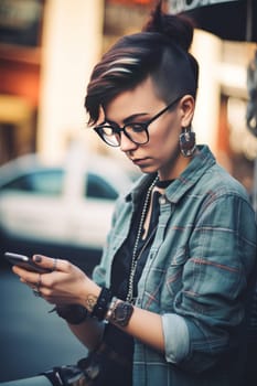 hipster girl with glasses vintage clothes, using smartphone in the city, Ai Generative,