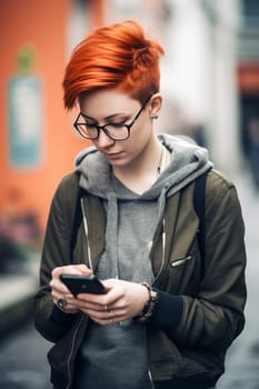 Portrait of young smiling girl in light coat and scarf , walking through city streets and using smartphone to interact with friends. Good vibes. Concept of modern technologies Ai Generative