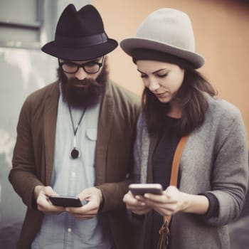 Young hipster couple sitting on a bench interacting with social networks with their smartphone.Ai Generative,