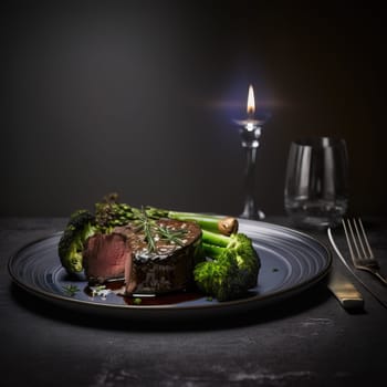 Delicious grilled juicy steak with grilled broccoli and asparagus. Generative ia