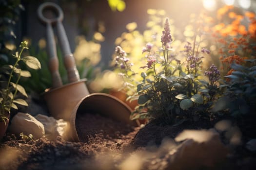 Floors with gardening tools, outdoor plants and flower pots generative ai,