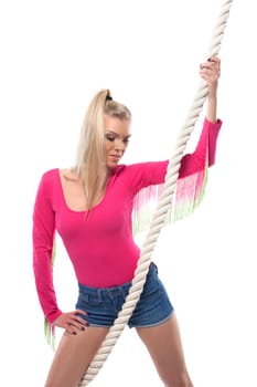 Portrait of pretty young fitness girl with rope, isolated on white