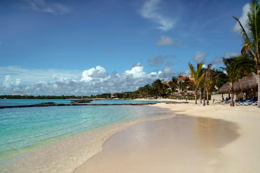 Sea shore on the Caribbean beach in the Zona Hoteleria in Cancun Quintana Roo Mexico.