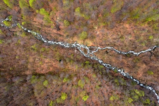 Top view from drone of two rapids of a mountain river. Nature background
