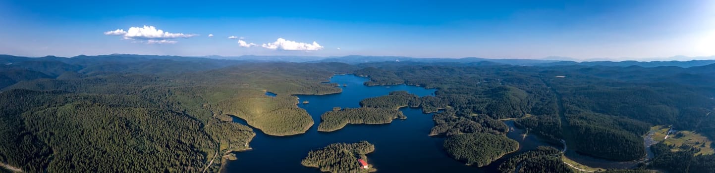 Amazing aerial panorama of blue water and green forest.