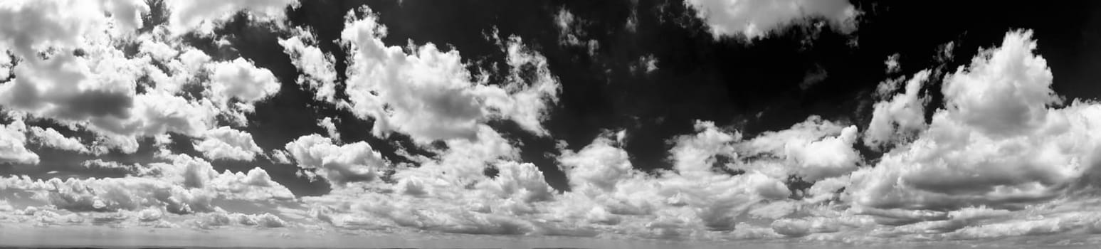 Panoramic view of the sky with fluffy clouds. Black and white