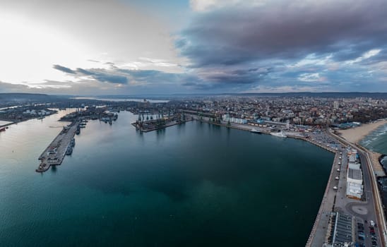 Beauty aerial view of the sea port and industrial zone at sunset in Varna, Bulgaria