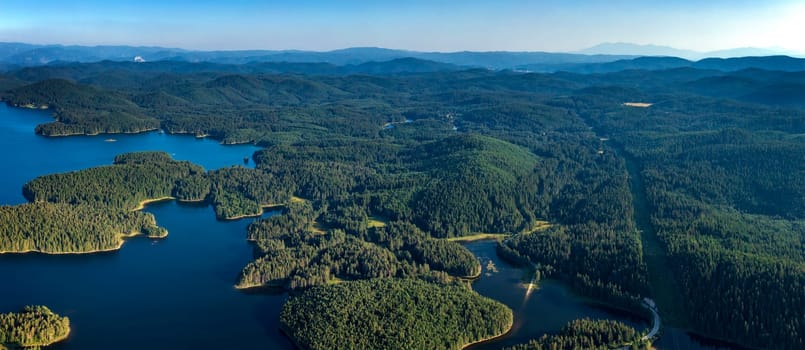 Aerial panorama from drone of blue water and green forest.