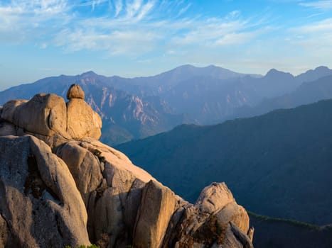 View of stones and rock formations from Ulsanbawi rock peak on sunset. Seoraksan National Park, South Corea